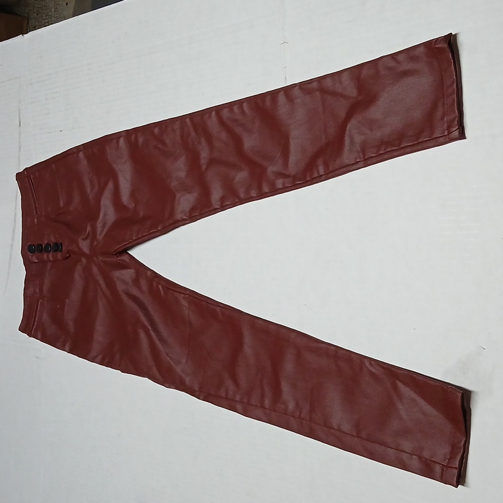 Faux Leather Button-Fly Jeans Pants w/ Pockets Brownish-Red Maroon Burgundy